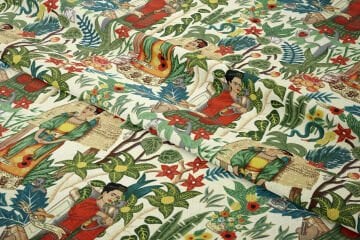 Botanik Folk Art Desenli Kumaş – Dijital Baskılı Dekoratif Bohem Kumaş