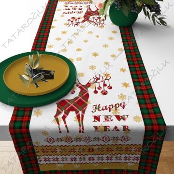 Рождественская коллекция - Ткань для бега по краю в клетку с изображением оленя, 50 см
