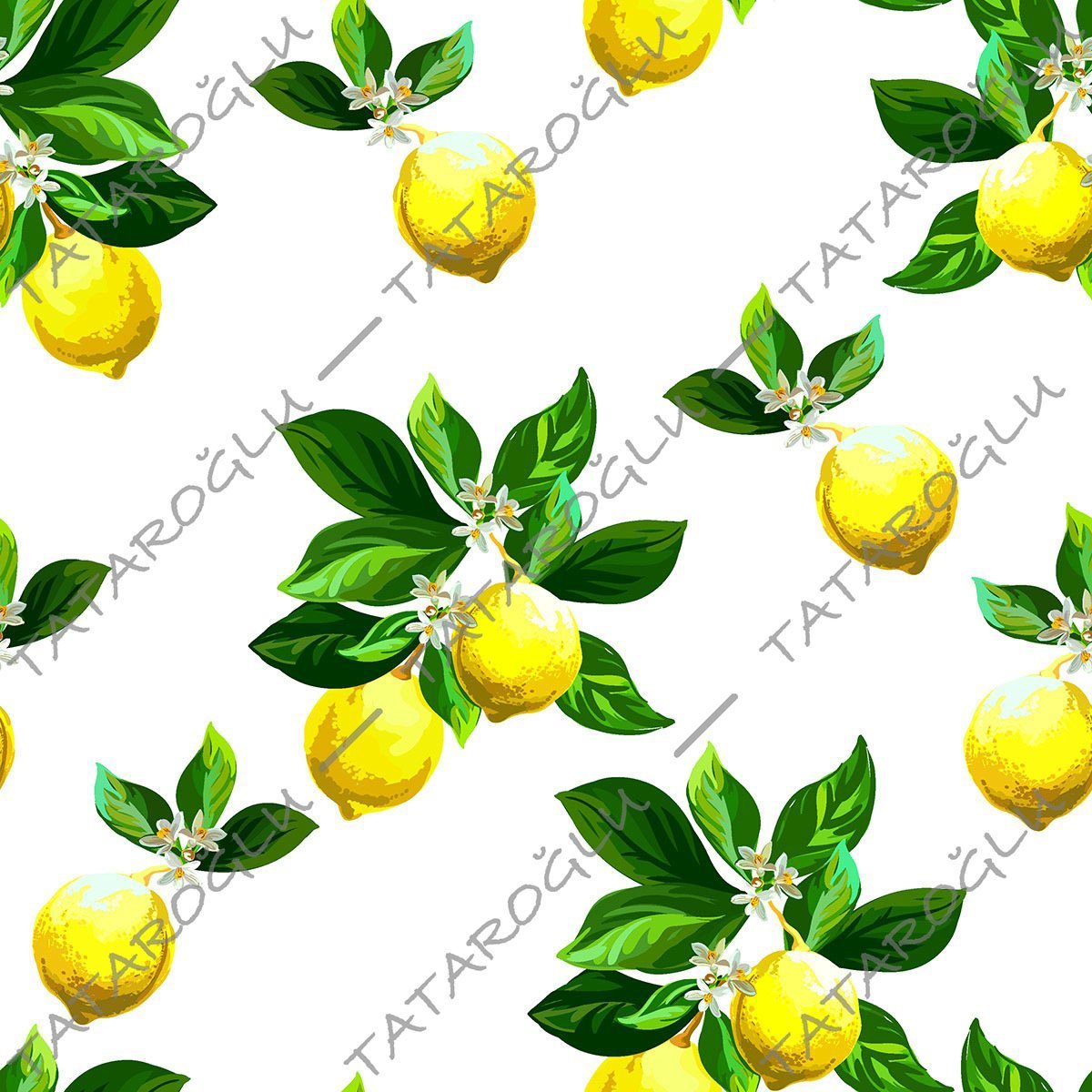 Limon Serisi-Beyaz Zemin Üzerine Yeşil Yapraklı Limon Kumaş(SONBAHAR İNDİRİMİ)