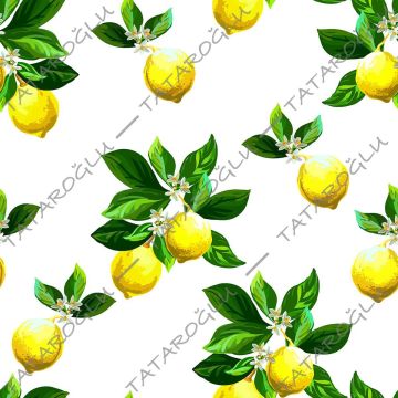 Limon Serisi-Beyaz Zemin Üzerine Yeşil Yapraklı Limon Kumaş(SONBAHAR İNDİRİMİ)