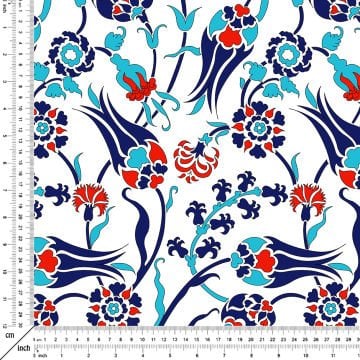Lacivert Turkuaz Kırmızı Renkli Laleli Çini Desenli Kumaş