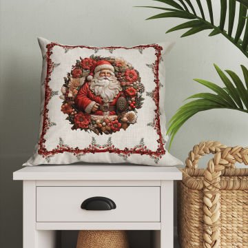 Yılbaşı Koleksiyonu- Keten Efektli Noel Babalı Sarmaşıklar Model 1-Pano Kırlent 2'li Set Dikilmemiş