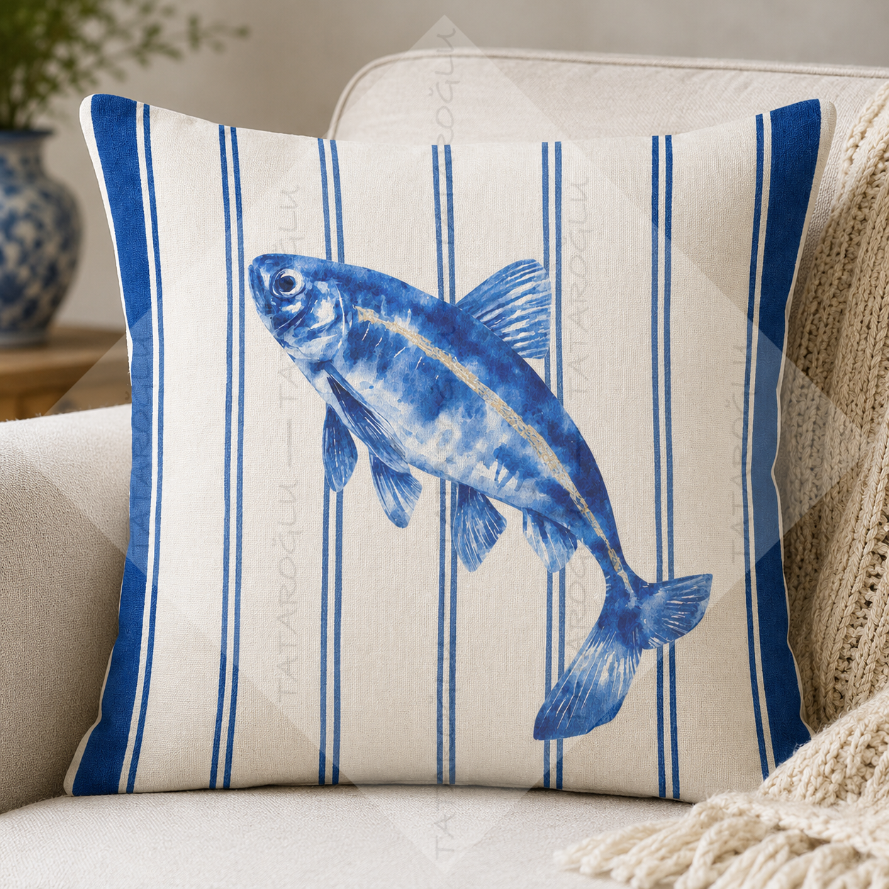 2’li Balık Desenli Dikilmemiş Kırlent Paneli  45x45 Coastal Marin Dekor