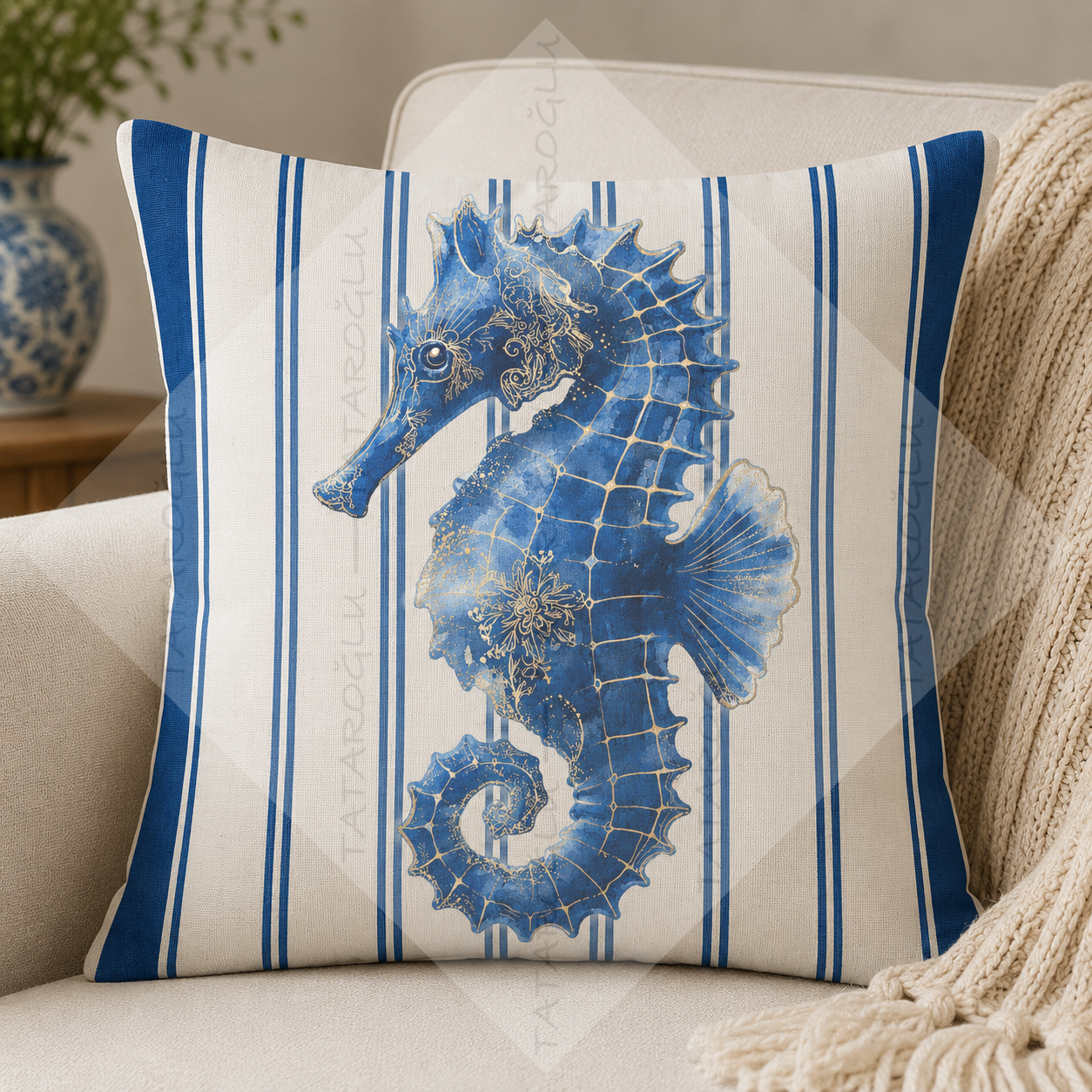 2’li Denizatı Desenli Dikilmemiş Kırlent Paneli 45x45 Coastal Marin Dekor