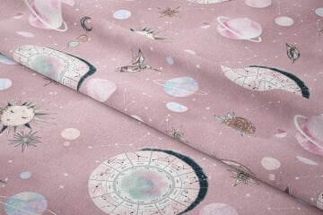 Şeker Pembe Zeminli Zoydak Astroloji İşaretleri Desenli Kumaş
