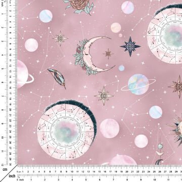 Şeker Pembe Zeminli Zoydak Astroloji İşaretleri Desenli Kumaş