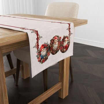 Yılbaşı Koleksiyonu- Keten Efektli Noel Babalı Sarmaşıklar Runner Dikilmemiş