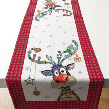 Yılbaşı Koleksiyonu- 50 cm'lik Kenarları Kareli Kar Taneli Geyikli Kumaş
