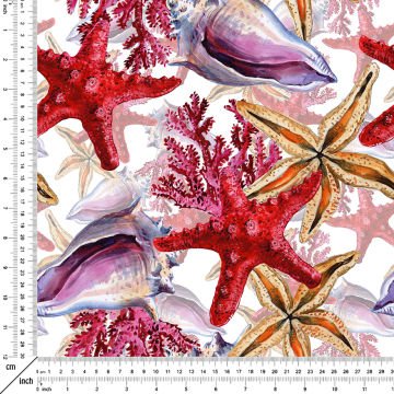 Deniz Yıldızı Desenli Kumaş Mercan ve Deniz Kabuklu Desen, Coastal Dekor Kumaşı, Yazlık Kumaş
