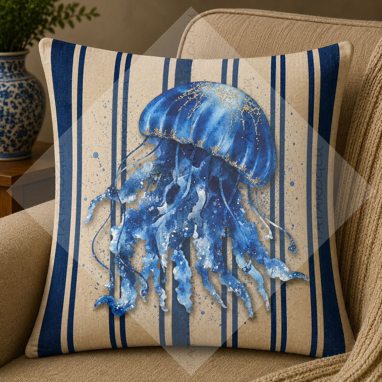 Deniz Anası Desenli Dikilmemiş Kırlent Paneli  45x45 Coastal Marin Dekor
