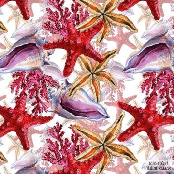 Deniz Yıldızı Desenli Kumaş Mercan ve Deniz Kabuklu Desen, Coastal Dekor Kumaşı, Yazlık Kumaş