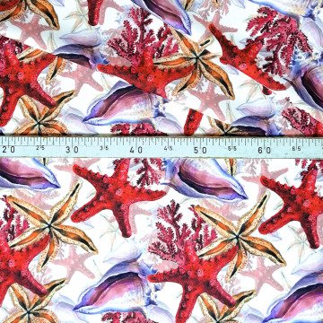 Deniz Yıldızı Desenli Kumaş Mercan ve Deniz Kabuklu Desen, Coastal Dekor Kumaşı, Yazlık Kumaş