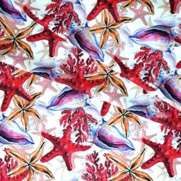 Deniz Yıldızı Desenli Kumaş Mercan ve Deniz Kabuklu Desen, Coastal Dekor Kumaşı, Yazlık Kumaş