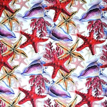 Deniz Yıldızı Desenli Kumaş Mercan ve Deniz Kabuklu Desen, Coastal Dekor Kumaşı, Yazlık Kumaş