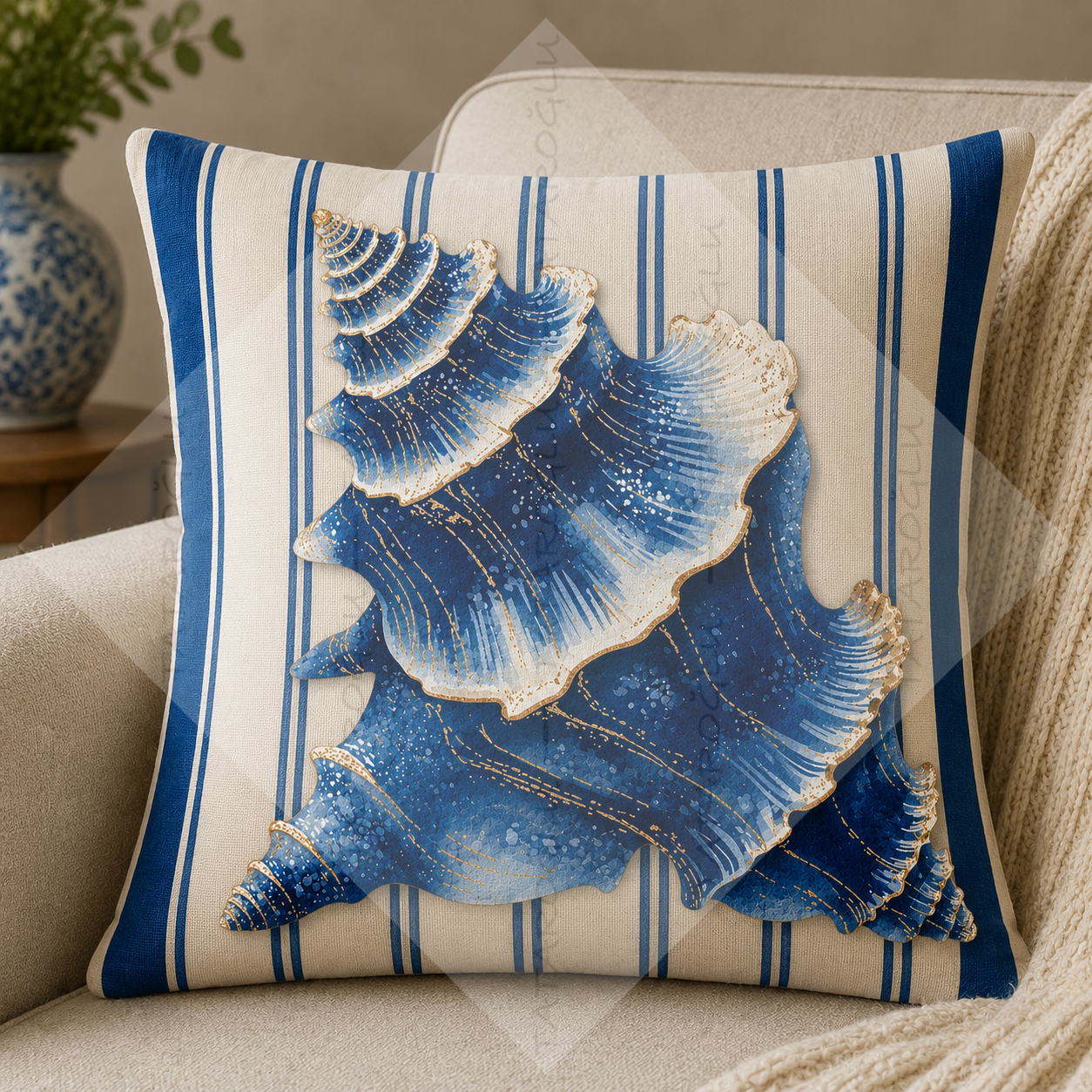 Deniz Kabuğu Desenli Dikilmemiş Kırlent Paneli 45x45 Coastal Marin Dekor