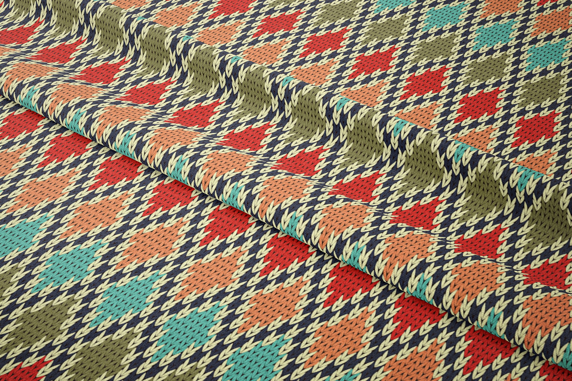 New Year Collection - Cream Turquoise Red Brown Cross Knit Motif Digital Print Fabric with Knitting Motif Effect