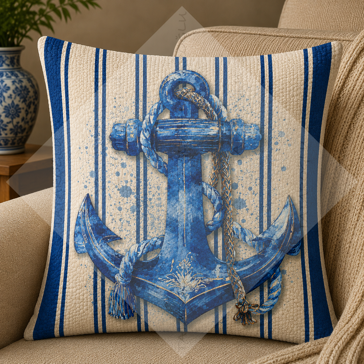 Çapa (Anchor) Desenli Dikilmemiş Kırlent Paneli  45x45 Coastal Marin Dekor