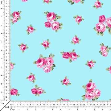 Turkuaz Zeminli Çıtır Çiçek Desenli Dijital Baskılı Kumaş