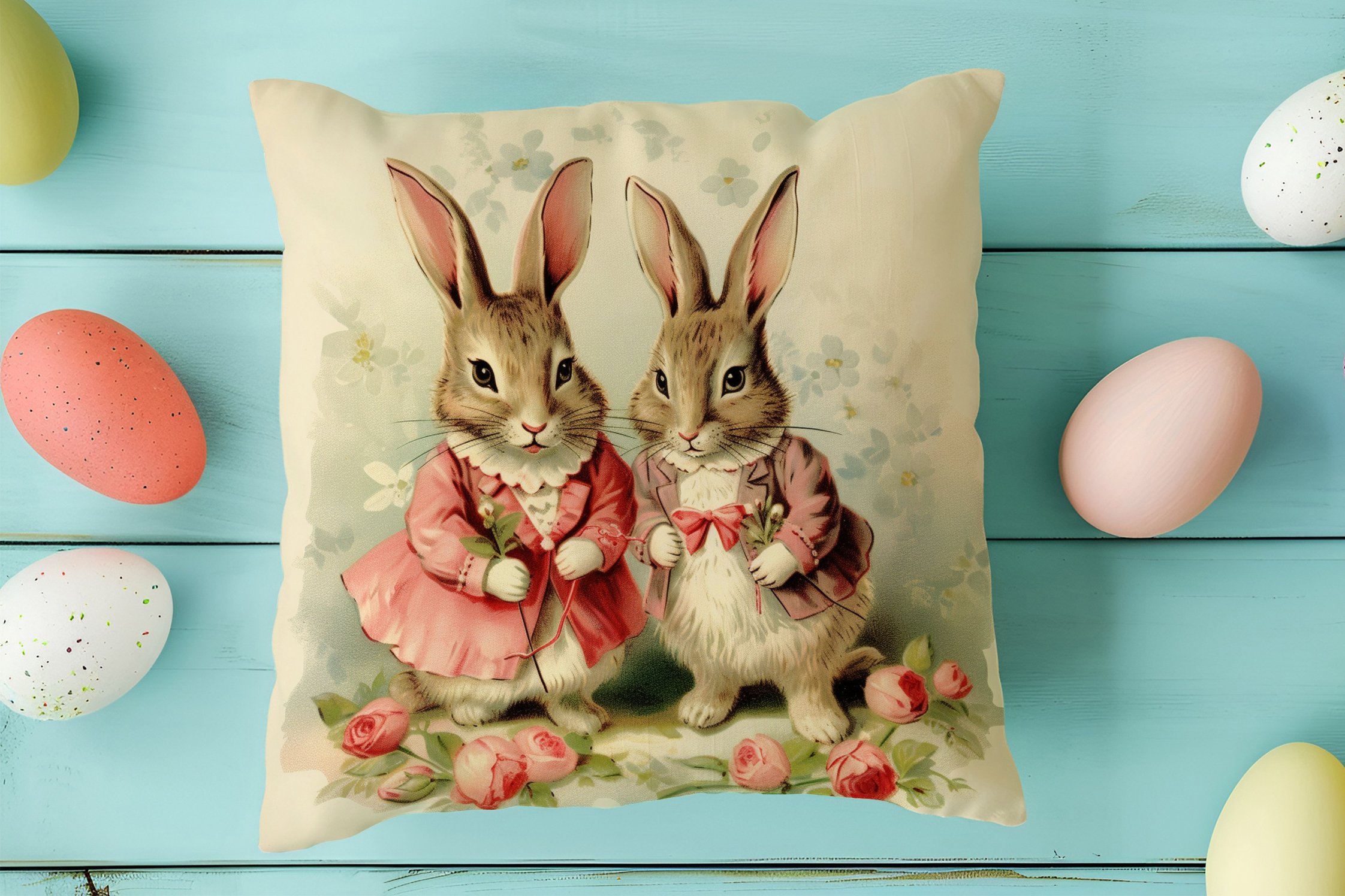 Happy Easter / Paskalya Koleksiyonu - Vintage Paskalya Tavşanları 2'li Kırlent Paneli Dikilmemiş Kumaş