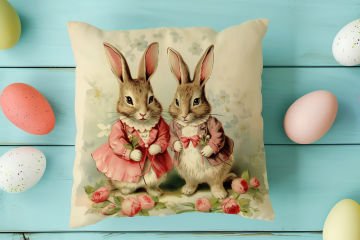 Happy Easter / Paskalya Koleksiyonu - Vintage Paskalya Tavşanları 2'li Kırlent Paneli Dikilmemiş Kumaş