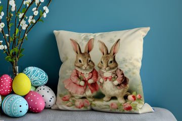 Happy Easter / Paskalya Koleksiyonu - Vintage Paskalya Tavşanları 2'li Kırlent Paneli Dikilmemiş Kumaş