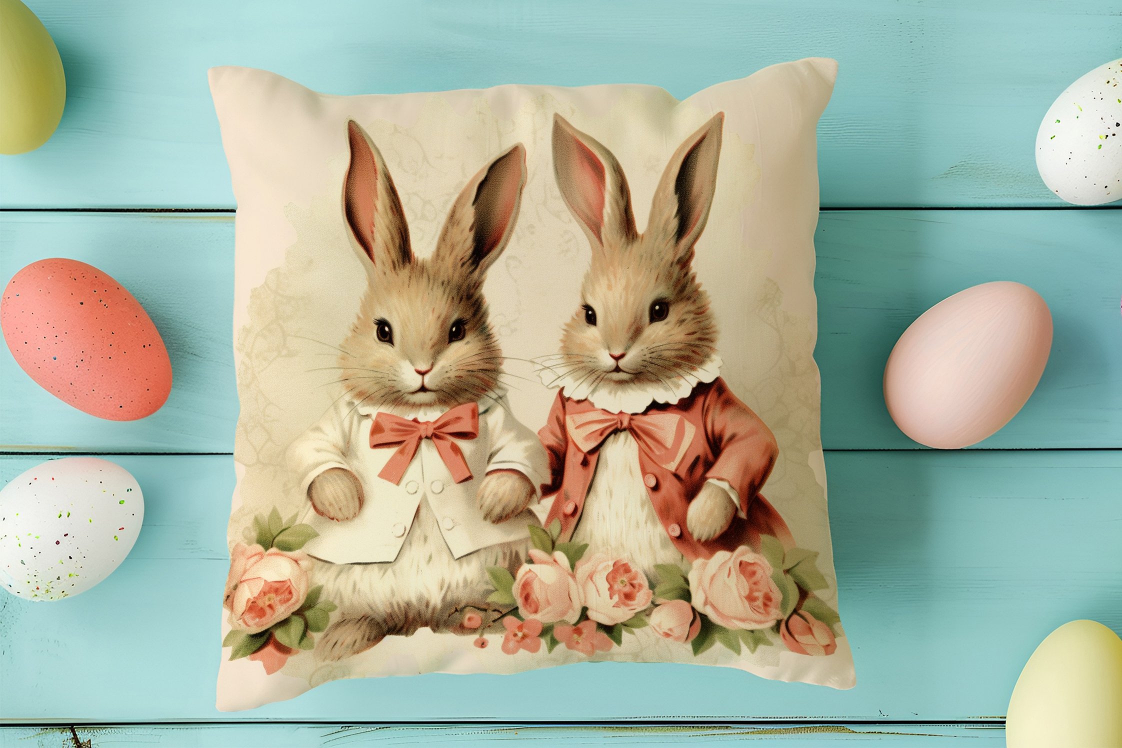 Happy Easter / Paskalya Koleksiyonu - Vintage Sevgili Paskalya Tavşanları 2'li Kırlent Paneli Dikilmemiş Kumaş