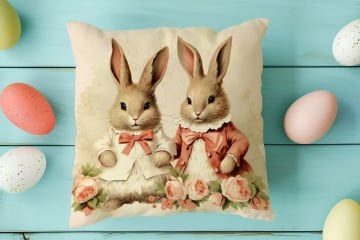 Happy Easter / Paskalya Koleksiyonu - Vintage Sevgili Paskalya Tavşanları 2'li Kırlent Paneli Dikilmemiş Kumaş