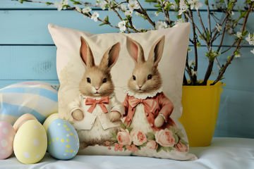 Happy Easter / Paskalya Koleksiyonu - Vintage Sevgili Paskalya Tavşanları 2'li Kırlent Paneli Dikilmemiş Kumaş