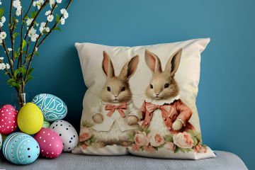 Happy Easter / Paskalya Koleksiyonu - Vintage Sevgili Paskalya Tavşanları 2'li Kırlent Paneli Dikilmemiş Kumaş