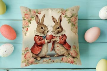 Happy Easter / Paskalya Koleksiyonu - Vintage Sevgili Paskalya Tavşanları 2'li Kırlent Paneli Dikilmemiş Kumaş