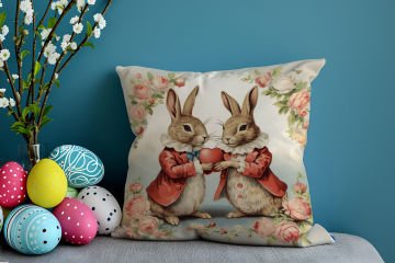 Happy Easter / Paskalya Koleksiyonu - Vintage Sevgili Paskalya Tavşanları 2'li Kırlent Paneli Dikilmemiş Kumaş