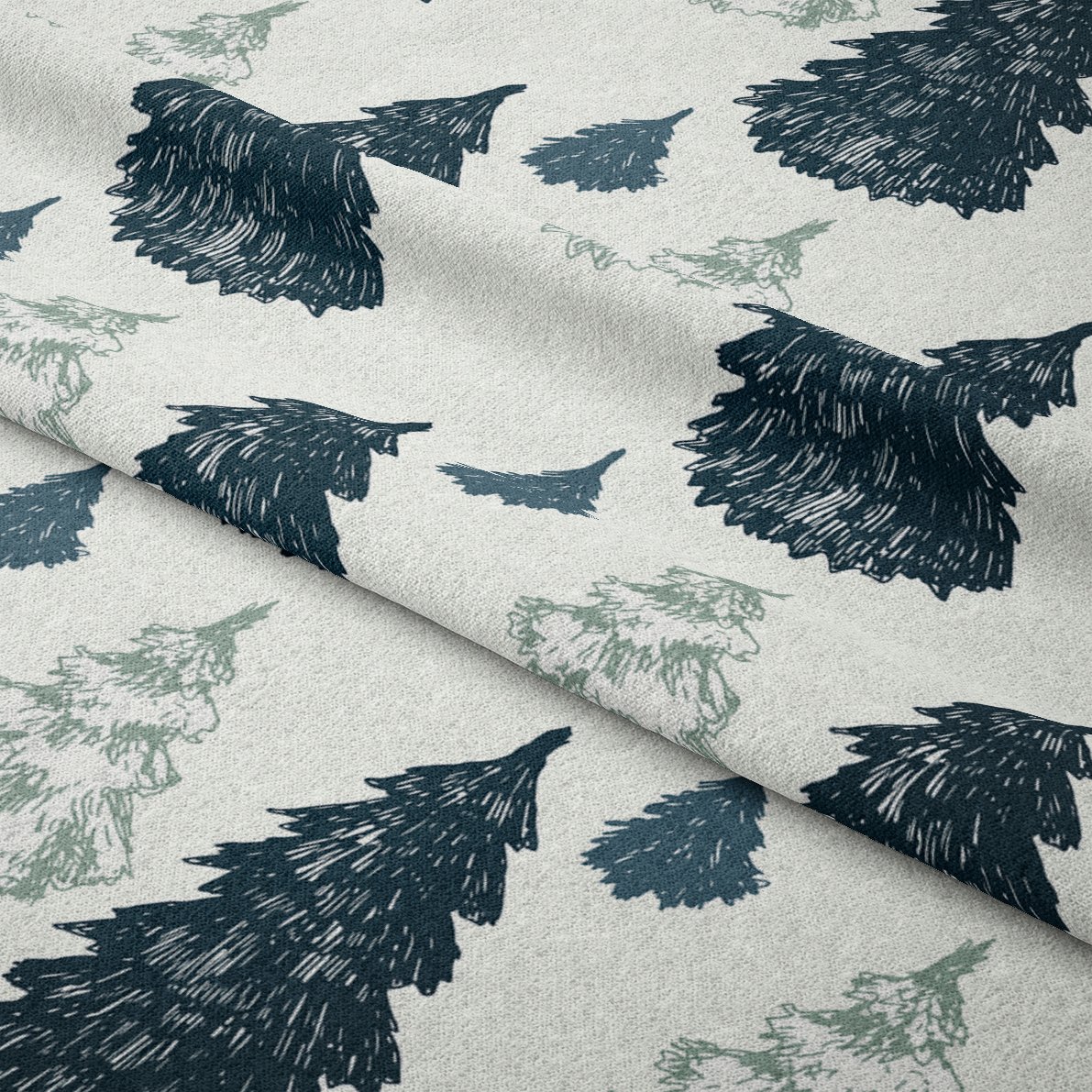 Yılbaşı Koleksiyonu- Winter Wonder Collection, Beyaz Zeminli Lacivert Gri Çam Ağacı Desenli Kumaş