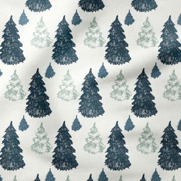 Yılbaşı Koleksiyonu- Winter Wonder Collection, Beyaz Zeminli Lacivert Gri Çam Ağacı Desenli Kumaş