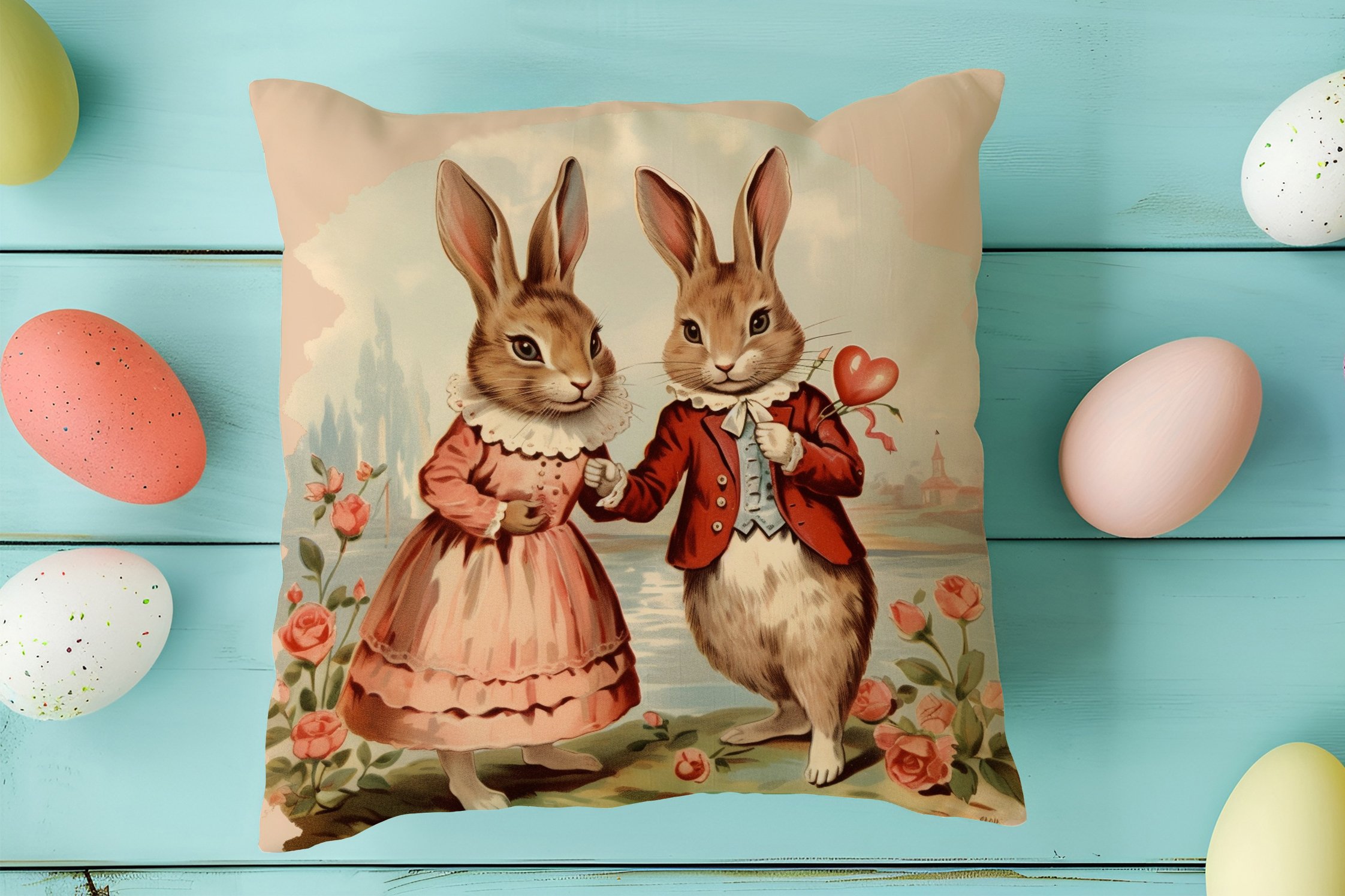 Happy Easter / Paskalya Koleksiyonu - Vintage Sevgili Paskalya Tavşanları 2'li Kırlent Paneli Dikilmemiş Kumaş