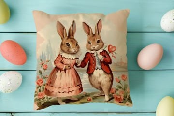 Happy Easter / Paskalya Koleksiyonu - Vintage Sevgili Paskalya Tavşanları 2'li Kırlent Paneli Dikilmemiş Kumaş