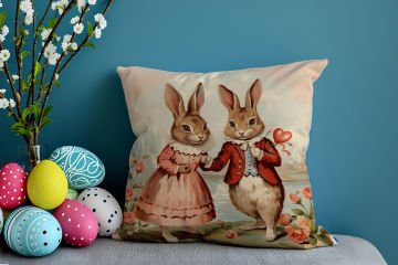 Happy Easter / Paskalya Koleksiyonu - Vintage Sevgili Paskalya Tavşanları 2'li Kırlent Paneli Dikilmemiş Kumaş