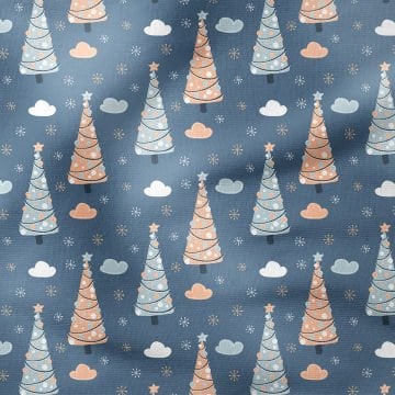 Yılbaşı Koleksiyonu- Winter Wonder Collection, Mavi Zeminli Somon ve Mavi Tolu Çam Ağaçlı, Bulutlu, Kar Taneli Desenli Kumaş