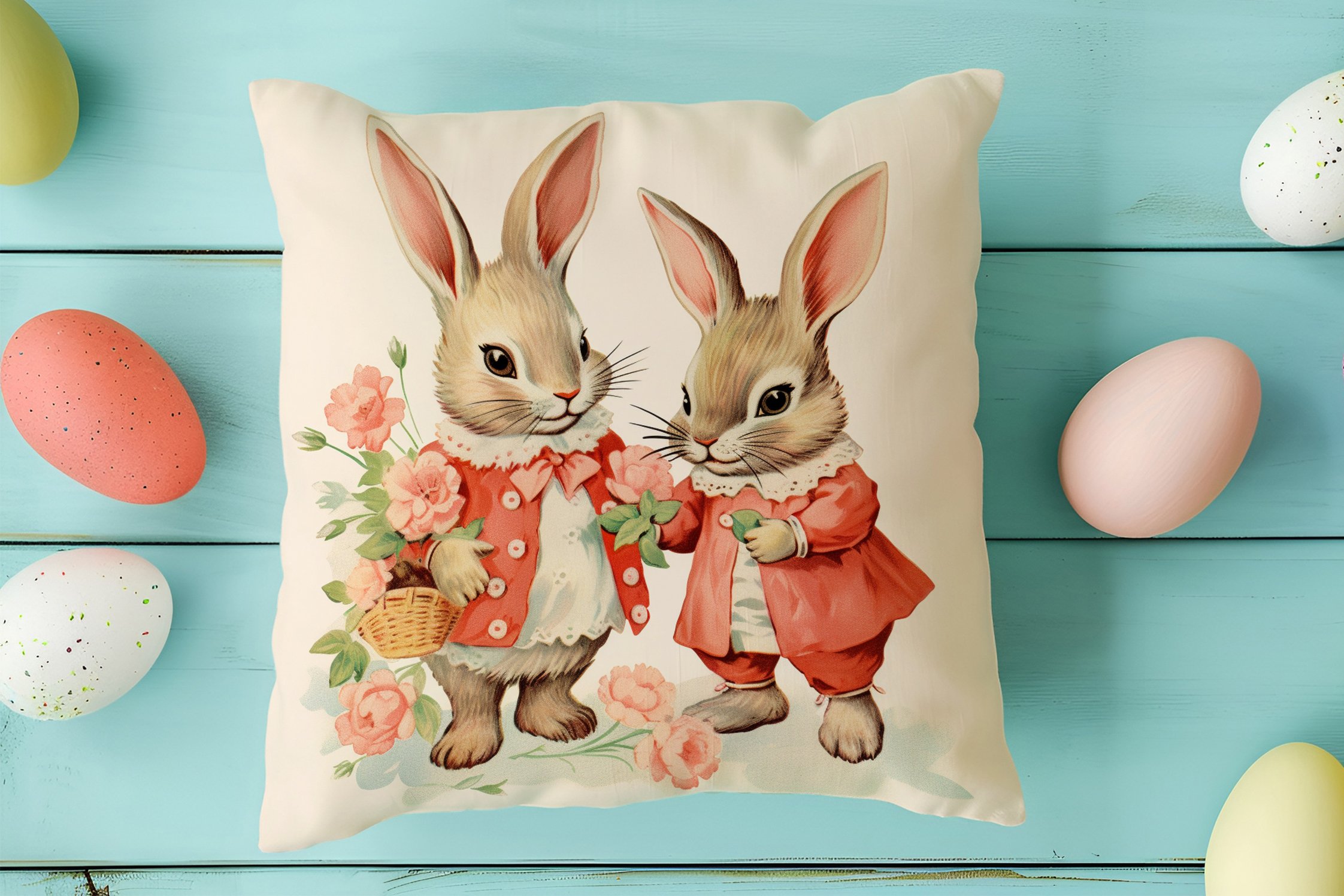 Happy Easter / Paskalya Koleksiyonu - Vintage Sevgili Paskalya Tavşanları 2'li Kırlent Paneli Dikilmemiş Kumaş