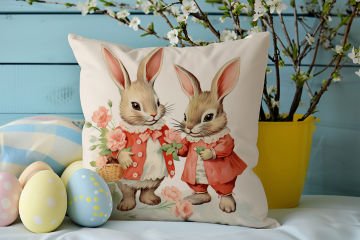 Happy Easter / Paskalya Koleksiyonu - Vintage Sevgili Paskalya Tavşanları 2'li Kırlent Paneli Dikilmemiş Kumaş