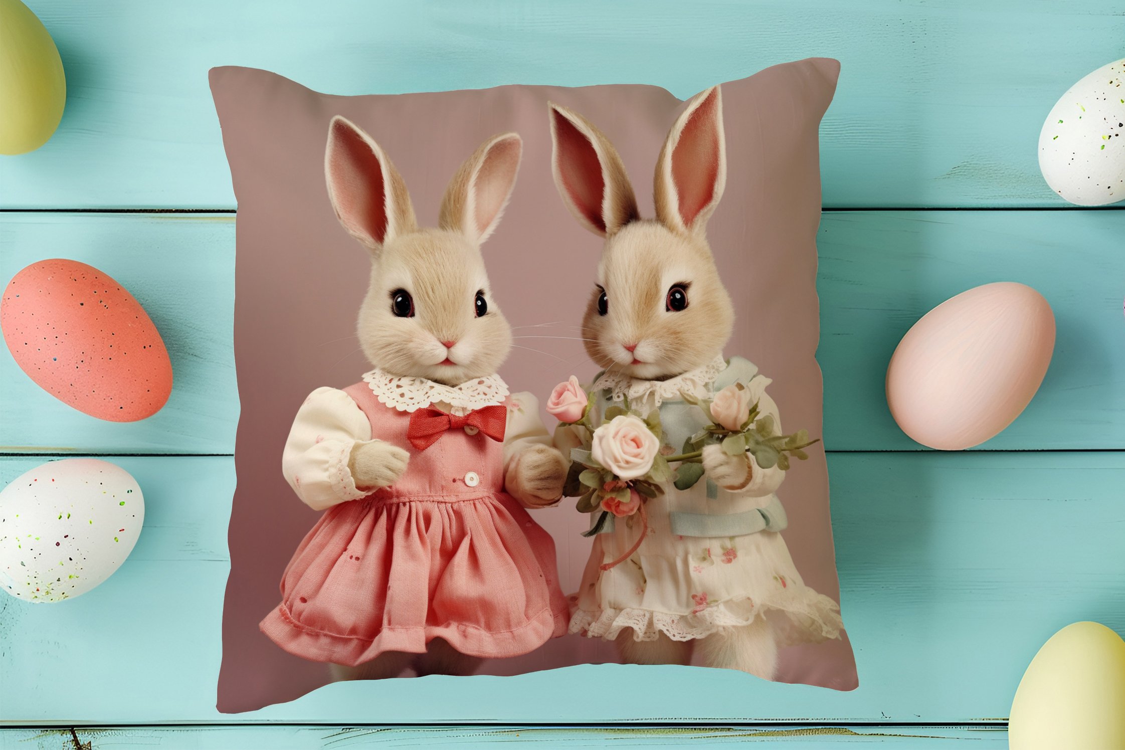 Happy Easter / Easter Collection - Vintage Dear Easter Bunnies 2-Pack Cushion Panel Non-Sew Fabric