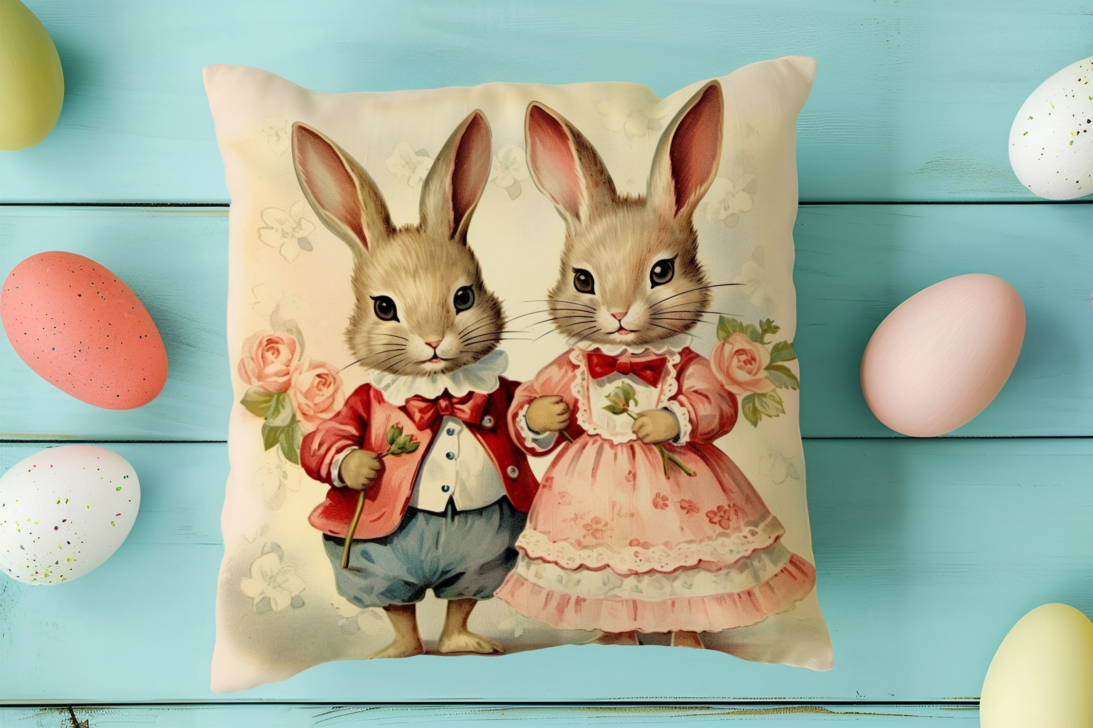 Happy Easter / Paskalya Koleksiyonu - Vintage Sevgili Paskalya Tavşanları 2'li Kırlent Paneli Dikilmemiş Kumaş