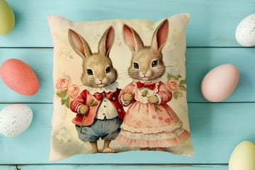 Happy Easter / Paskalya Koleksiyonu - Vintage Sevgili Paskalya Tavşanları 2'li Kırlent Paneli Dikilmemiş Kumaş