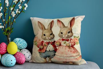 Happy Easter / Paskalya Koleksiyonu - Vintage Sevgili Paskalya Tavşanları 2'li Kırlent Paneli Dikilmemiş Kumaş