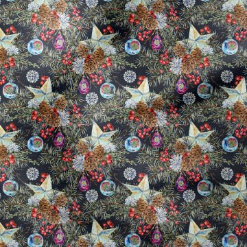 Yılbaşı Koleksiyonu- Winter Wonder Collection, Lacivert Zeminli Yıldızlı, Kukina Çiçekli, Kozalaklı, Yılbaşı Süslerinden Oluşan Kumaş