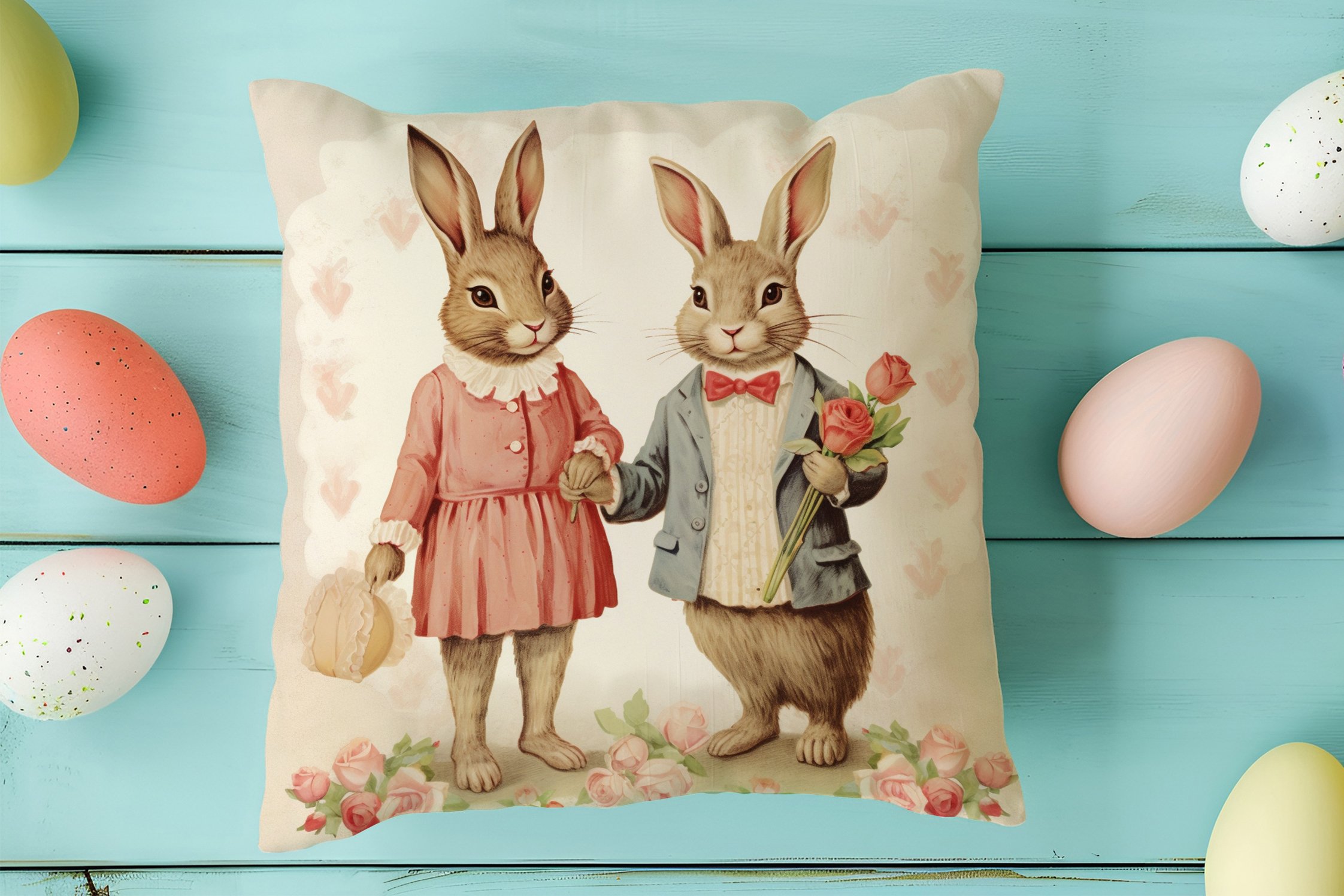 Happy Easter / Paskalya Koleksiyonu - Vintage Sevgili Paskalya Tavşanları 2'li Kırlent Paneli Dikilmemiş Kumaş