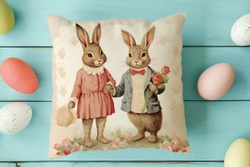 Happy Easter / Paskalya Koleksiyonu - Vintage Sevgili Paskalya Tavşanları 2'li Kırlent Paneli Dikilmemiş Kumaş