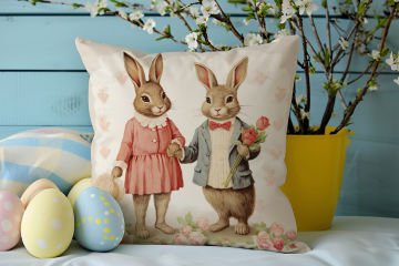 Happy Easter / Paskalya Koleksiyonu - Vintage Sevgili Paskalya Tavşanları 2'li Kırlent Paneli Dikilmemiş Kumaş
