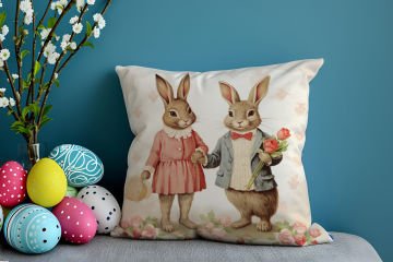 Happy Easter / Paskalya Koleksiyonu - Vintage Sevgili Paskalya Tavşanları 2'li Kırlent Paneli Dikilmemiş Kumaş
