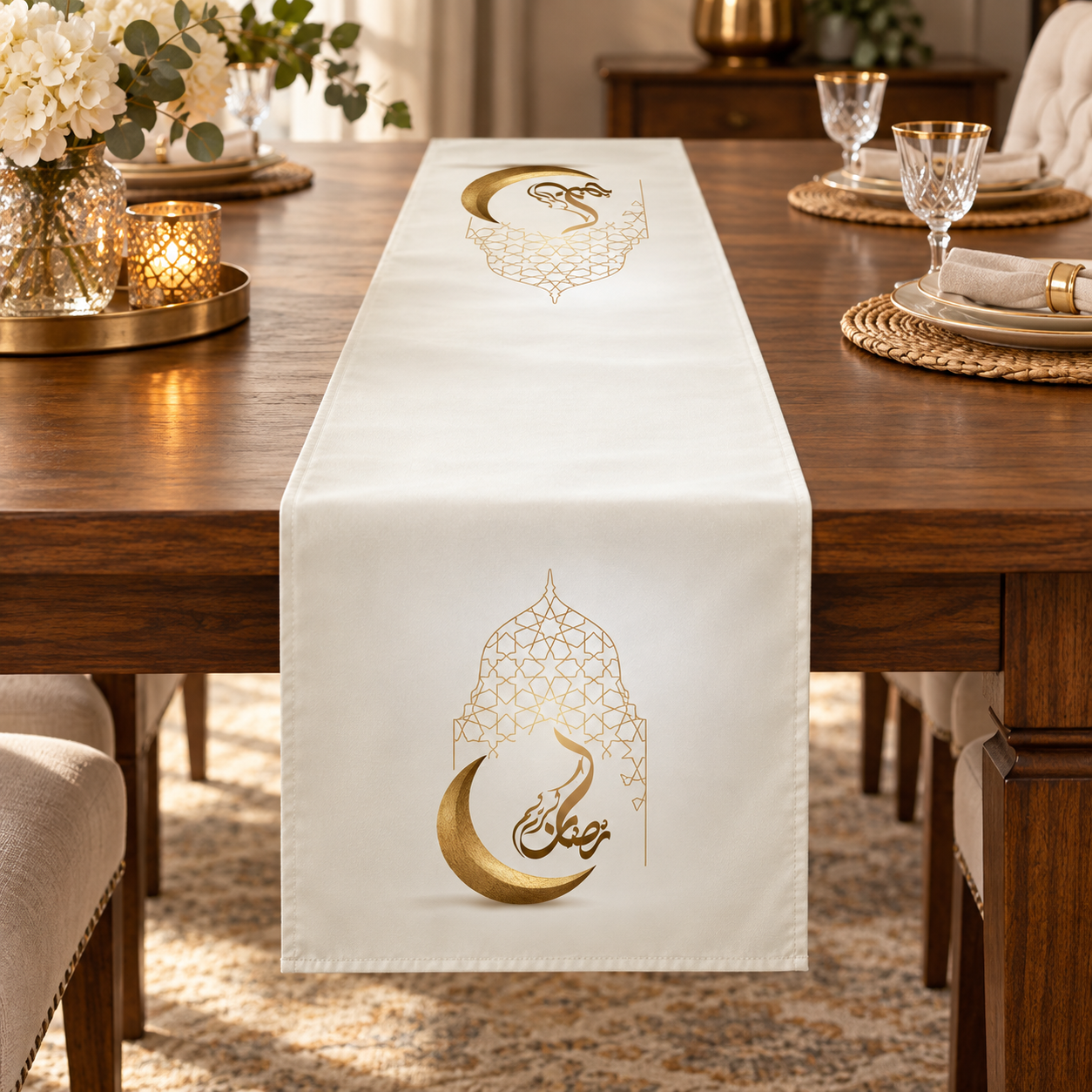 Krem Ramazan Runner Paneli – Altın Hilal ve Arapça Hat Desenli İftar Sofrası Kumaşı 51×143 cm