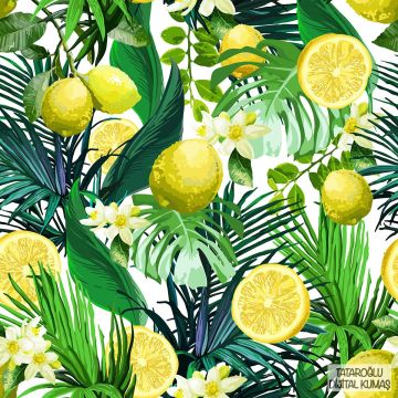Limon Serisi-Yapraklı Çiçekli Limon Desenli Dijital Baskılı Kumaş(SONBAHAR İNDİRİMİ)